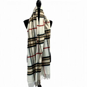 Ivory white tan brown black red plaid check soft warm fall winter scarf